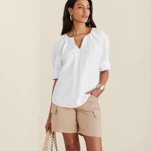 Soft Surroundings Cusco Top Women’s XL Pullover Blouse White Short Sleeve Resort